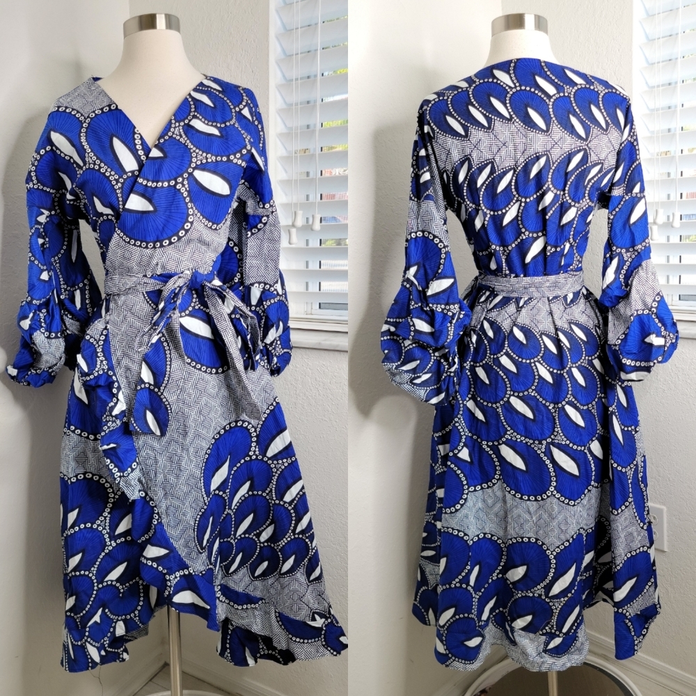 OFUURE Wax Cotton African Peacock Feather Print Wrap Dress S.